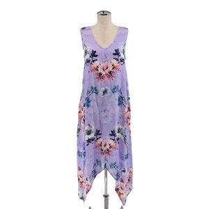 TOLANI‎ Dress Womens Size XS Purple Floral Wide Strap Vneck Asymmetric Midi NEW
